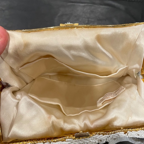 Vintage Walborg Handbag Made in France White with Gold beaded Satin Purse 1960's - Picture 5 of 6